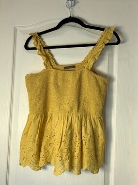Boho Yellow Eyelet Peplum Top Size L – Smocked Ruffle Straps Summer Cottagecore